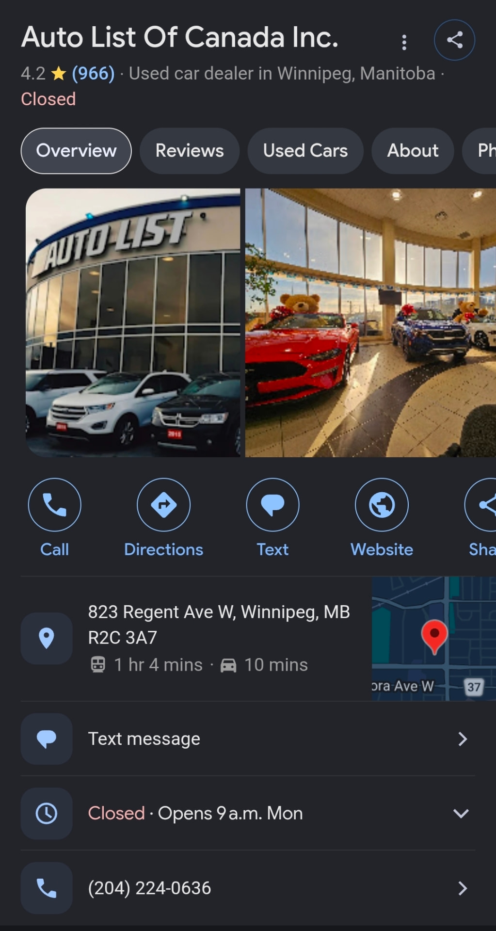 Auto List of Canada Google Business Profile showing 4.2 stars from 966 reviews