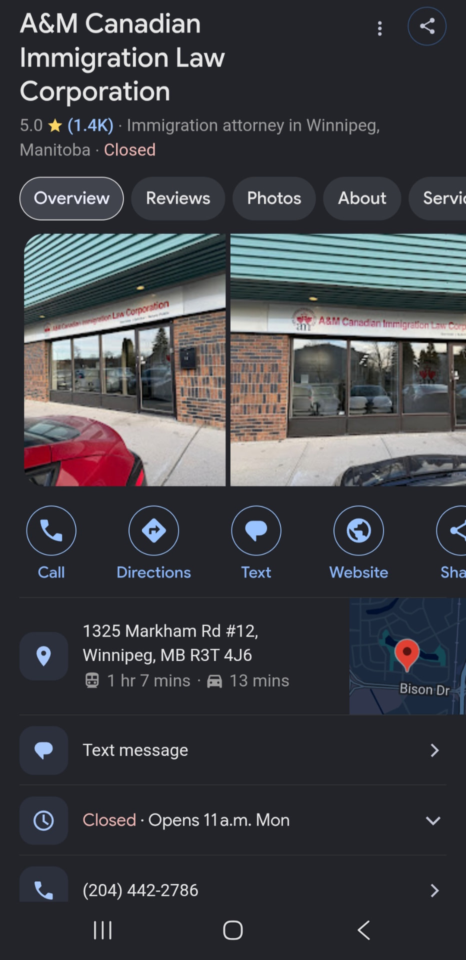 A&M Canadian Immigration Law Corporation Google Business Profile showing 5.0 stars from 1,400 reviews