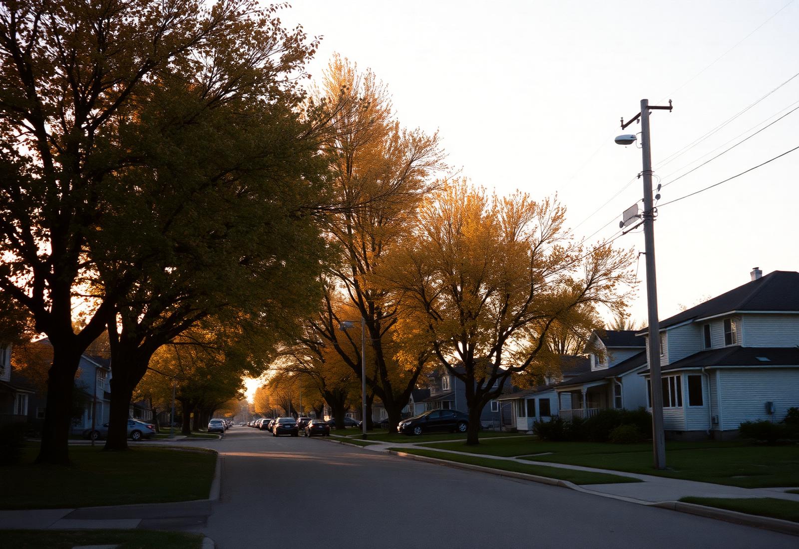 A quiet tree-lined Winnipeg residential street at golden hour